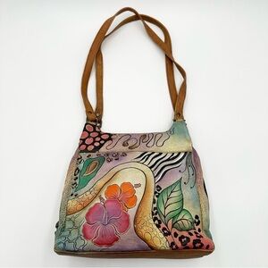 Anuschka Leather Hand painted Triple Compartment Satchel - 7001 Tropical Safari